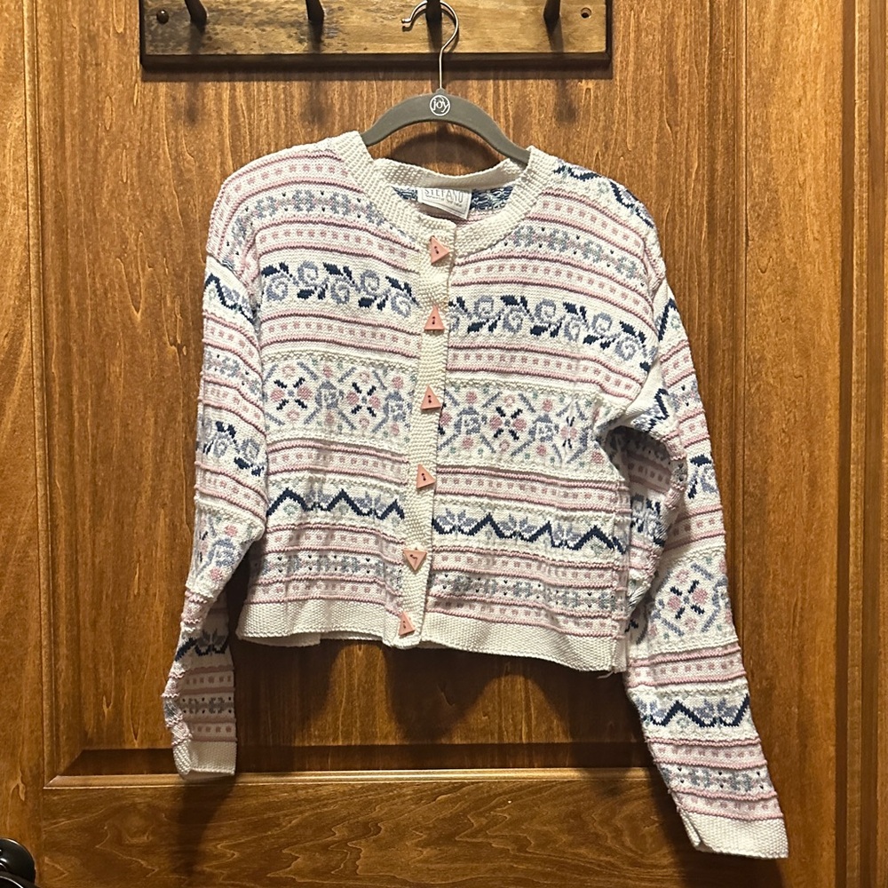 Vintage 1990’s Cardigan in Cream with Pink and Blue accents.
